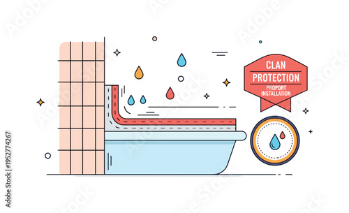 Bathroom leak prevention scene shown through a tiled wall meeting a tub surface with a fresh sealant strip, while minimal droplet icons remain outside the