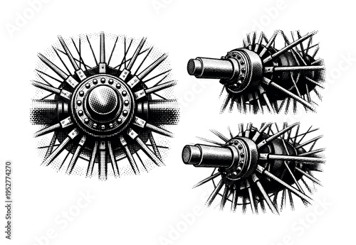 Ferris wheel central hub. A realistic ferris wheel presented as a single object in three different views, focusing on the central axle, spoke attachments, and
