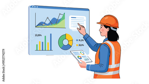 Data Analyst at Work: A diligent data analyst, in construction outfit, meticulously studies graphical representation on a digital display, complemented by a tablet.