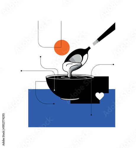 Black and white spoon dipping into a smoothie bowl, bold blue block grounding the lower composition, orange circular accent near the spoon tip, thin connecting