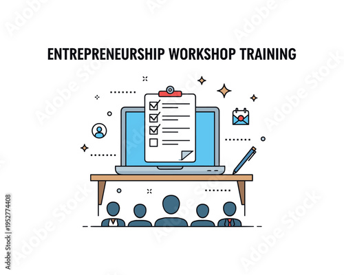 Entrepreneurship workshop training depicted by a laptop on desk with checklist and small audience silhouettes, symbolizing practical skills and startup