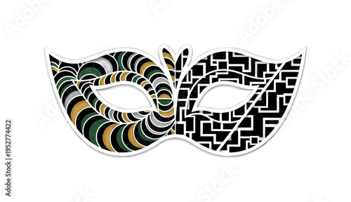 A monochrome masquerade mask split vertically into two contrasting geometric patterns, one side composed of circles and arcs, the other of rectangles and sharp