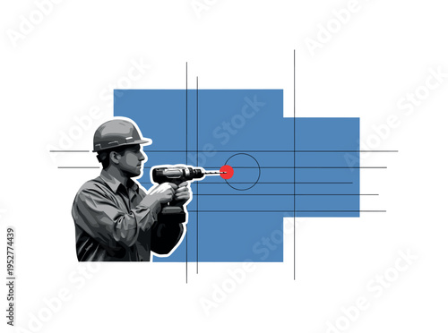 Black and white worker using drill on abstract wall panel, large flat blue block intersected by thin horizontal lines like architectural plan, small red