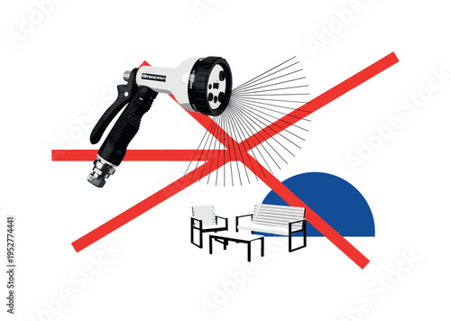 black and white watering hose nozzle spraying mist over patio furniture, deep blue semicircle and red geometric bars crossing layout, thin radiating line