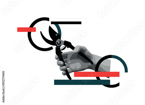 Monochrome hand holding pruning shears, bold geometric circles framing the blades, flat rectangular accents adding contrast and balance, strong negative space