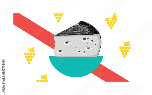 Black and white cheese wedge close-up with textured surface detail, vivid teal half circle supporting the base, bright red diagonal stripe slicing across
