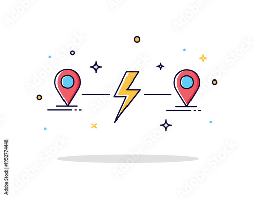Instant transmission metaphor lightning bolt bridging two distant location pins. A symbolic micro scene representing near instant travel across