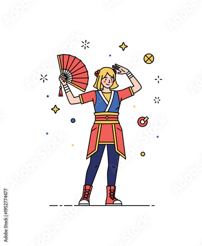 A crossplayer holding a handheld fan and posing dramatically with costume details emphasized, illustrating dedication, playfulness, and cosplay artistry.