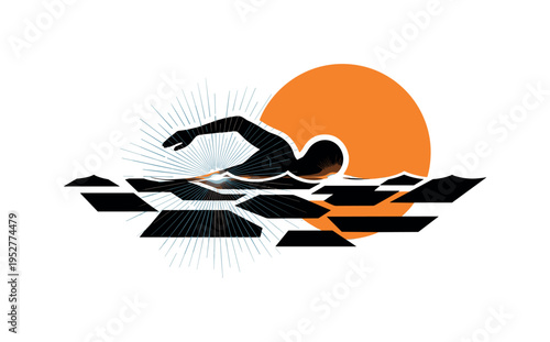 Black and white image of swimmer silhouette partially submerged with light reflecting around, oversized orange circle placed asymmetrically behind like glowing