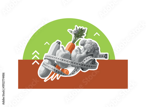 Black and white measuring tape wrapped around fresh vegetables, oversized bright lime semicircle framing upper background, warm rust rectangular