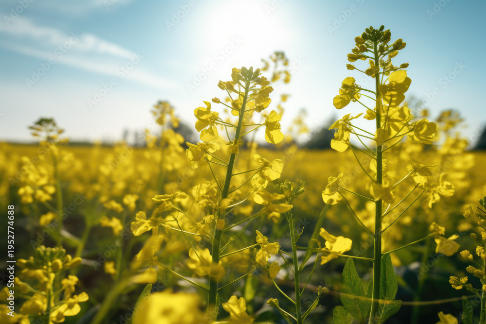 Fototapeta premium A beautiful field of yellow flowers with the sun shining in the background. This image can be used to depict nature, summer, beauty, and tranquility