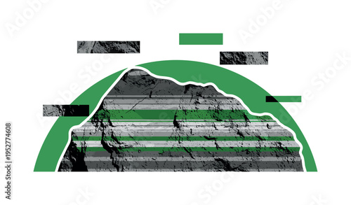 Monochrome close-up of jagged lunar rocks intersected by a bold green arc and thin horizontal stripes suggesting geological layers, abstract rectangular