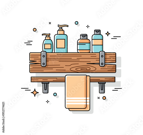 Rustic bathroom shelf arrangement built around a wooden plank with metal brackets and simple toiletry bottles, symbolizing vintage charm and cozy home styling.