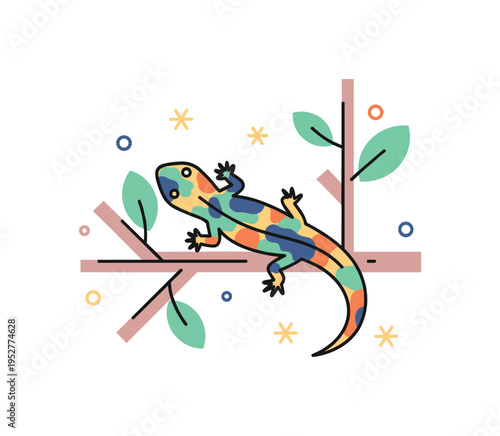 Camouflage strategy lizard blending into simplified branch pattern with overlapping shapes matching its body. A compact metaphor for adaptation and
