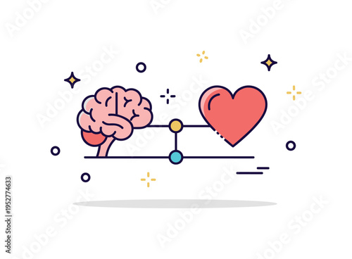 Mind body grounding connection featuring a simple brain and heart linked by a stable horizontal line and tiny spark elements, conveying harmony between