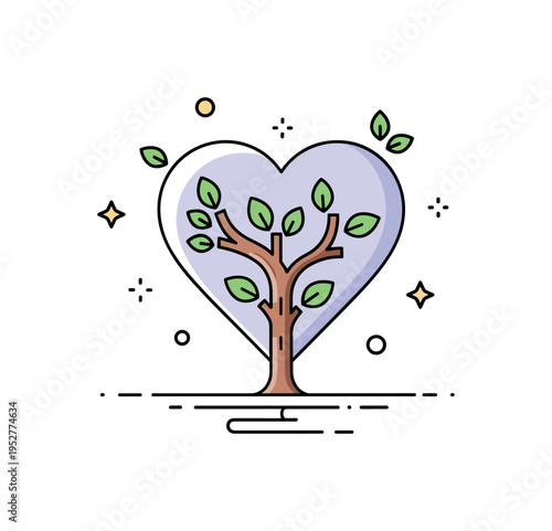Emotional resilience strength visualized through a flexible tree growing from within a heart shape, expressing the ability to bend without breaking during life