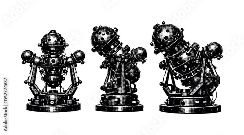 Planetarium projector vintage mechanical model with exposed components and industrial form, represented as one realistic projector shown in three views