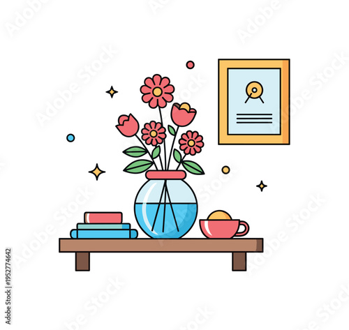 Cozy interior accent floral vase featuring a small table surface with a compact flower arrangement that adds warmth and personality to a simple space. The mood
