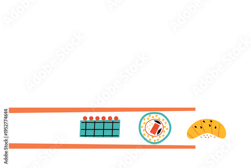 Art & Illustration Asian Cuisine Vector Set: Sushi, Wok Noodles, Street Food Banner Collection for Restaurant Advertising