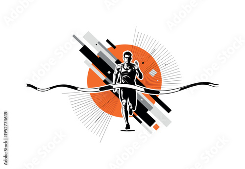 black and white frontal view of athlete sprinting toward finish line tape, intersected by large orange circle and fine black diagonal lines representing