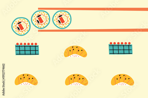 Art & Illustration Asian Cuisine Vector Set: Sushi, Wok Noodles, Street Food Banner Collection for Restaurant Advertising