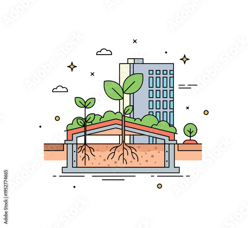 Eco architecture concept illustrated by a cross section of a building with a visible green roof layer and plant roots integrated into the structure. The