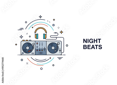 Live concert DJ performance scene with a minimal turntable and small headphones resting beside it, circular motion lines suggesting rhythm and mixing in real