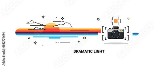 HDR photography sunset over ocean concept featuring a bold horizon line with intensified sky gradients and a small camera icon capturing multiple light
