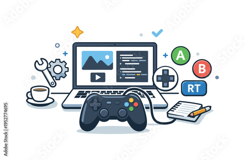 Game developer controller setup focused on a desk scene where a game controller is connected to a laptop with visible button mapping icons floating nearby. A
