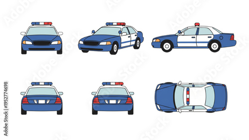 Various Cartoon Police Car Views - Front, Side, Back, and Top Perspectives