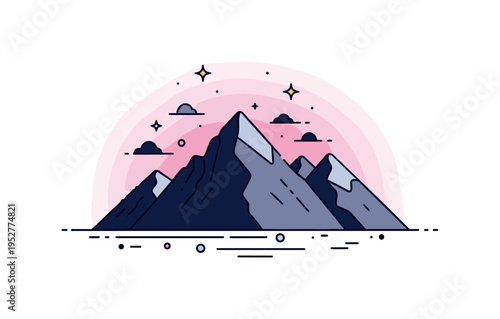 Mountain range at dusk with deep shadows and a gradient sky, small stars appearing above the peaks, creating a quiet, reflective mood. Minimalist flat vector