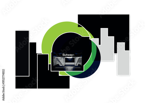 Black and white subway entrance at night, intersected by circular halos representing underground light, flat rectangular shapes forming simplified buildings,