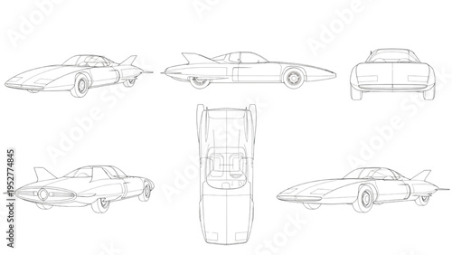 Blueprint of a futuristic concept car from multiple angles