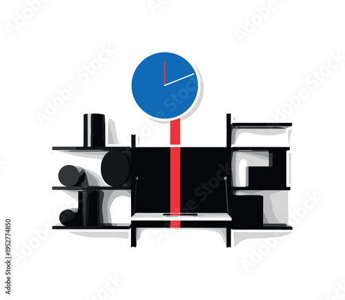 Black and white wall-mounted shelving system with hidden fold-down desk, bold blue circle anchoring upper composition, thin red vertical stripe marking