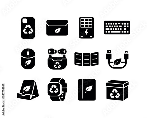 Customizable Eco-Friendly Tech Products. Solid icon set of Customizable Eco-Friendly Tech Products: recycled smartphone case, biodegradable laptop sleeve,