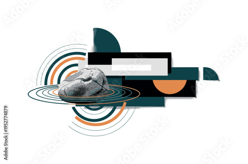 A realistic monochrome rock partially submerged at the shore, surrounded by abstract concentric circles symbolizing water movement, flat rectangular and