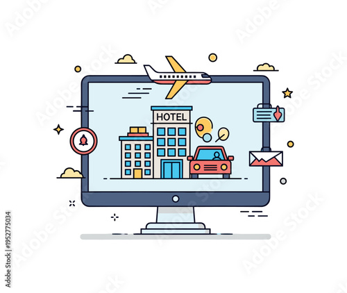 Vacation package deal desktop monitor showing airplane, hotel, and car icons grouped into one simple bundle. A modern editorial illustration about all in one