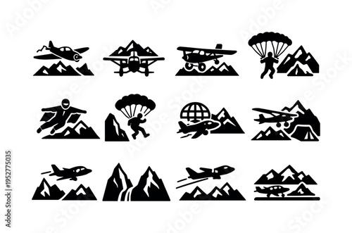 Adventure Flight. Solid icon set of Adventure Flight: adventure plane mountains, explorer aircraft, bush plane mountains, skydiver mountains, wingsuit flying