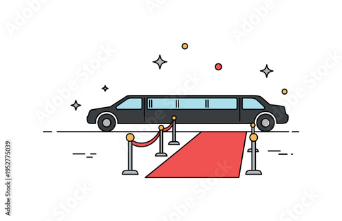 Luxury event entrance featuring a limousine silhouette beside a red carpet strip and subtle sparkle accents, expressing exclusivity and high status arrival.