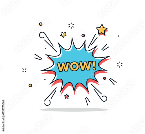 Comic style burst dynamic star shaped splash behind a short text label Wow, conveying excitement, announcement or promotional highlight. Minimalist flat vector