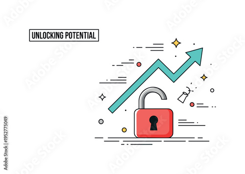 Unlocking potential career advancement theme centered on a rising arrow emerging from an unlocked padlock, expressing progress, ambition and professional