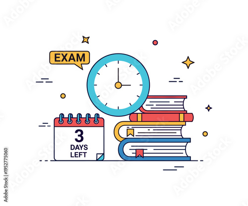 Exam countdown reminder featuring a simple clock icon paired with stacked books and a small calendar page marked Days Left, conveying urgency and final