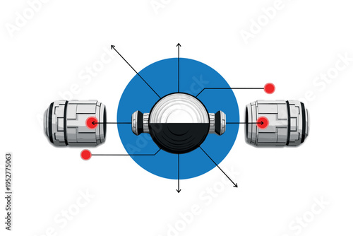 Black and white spherical node module connected to two cylindrical units, large flat blue circle framing central hub, thin linear arrows indicating docking