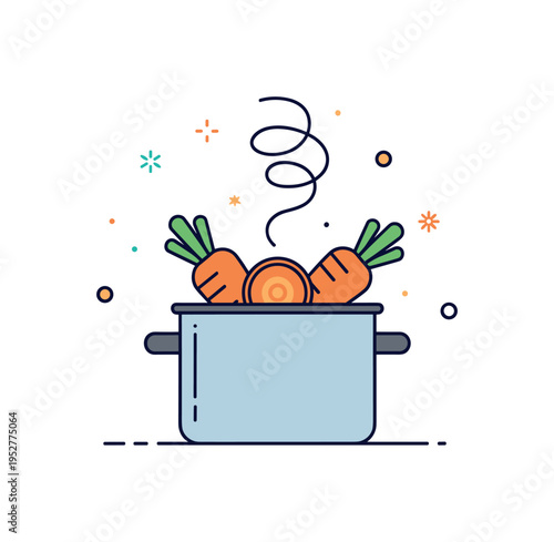 Cooking with carrots simple pot with sliced carrots inside and gentle steam swirl above, conveying wholesome meals and home cooking comfort. Minimalist flat