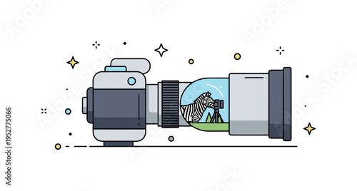 Wildlife photography tour focused on a camera with a telephoto lens as the main object, with a small zebra reflected inside the lens glass to symbolize ethical