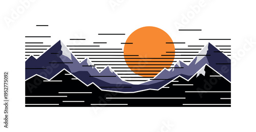 A monochrome landscape with simplified mountains rendered in flat geometric triangles, oversized circular sun sinking behind them, thin horizontal lines
