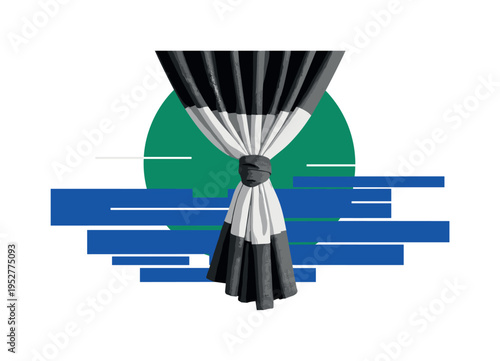 Black and white linen curtains tied loosely with fabric knot, bold emerald green circular backdrop emphasizing symmetry, cobalt blue abstract blocks stacked