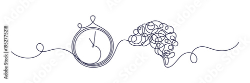 Continuous line of human brain and clock. Time management concept. Brainstorming process. Thinking about deadlines. Productivity and efficiency. Mental health. Editable stroke