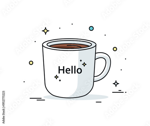 Personalized coffee mug design shown by a cup with a short custom word like Hello printed on it, accented by small sparkle details to emphasize individuality.
