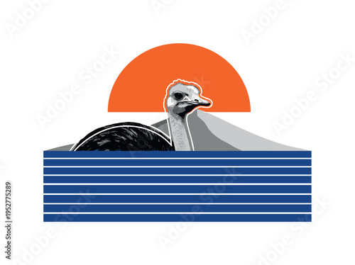 Black and white surreal composition of ostrich with head partially hidden in abstract geometric sand form, oversized orange semicircle suggesting sun, deep